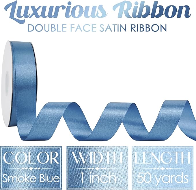 MEEDEE Smoke Blue Ribbon 1 Inch Smoke Blue Satin Ribbon Lux Double Faced Satin Ribbons by 50 Yards Polyester Wrapping Ribbons for Crafts, Weddings, Flower Bouquet, Holiday Decorating