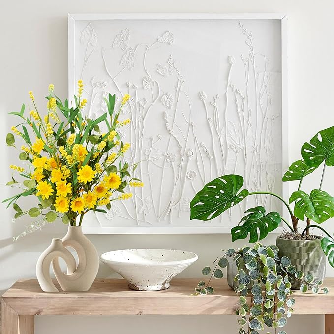 Artificial Flower 23 Inch 6 Pack Faux Yellow Daisy Eucalyptus Stem with Greenery - Realistic Spring Summer Floral for Home, Wedding, DIY Bouquets and Wreath