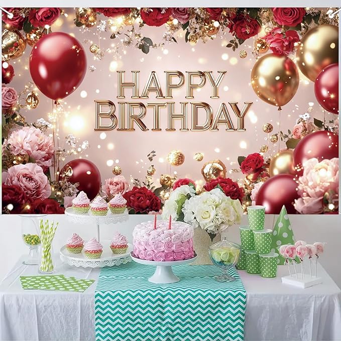 Red and Gold Happy Birthday Backdrop Banner Elegant Roses Balloons Photography Background Birthday Party Decorations Photo Booth Props Supplies 71x43 Inch