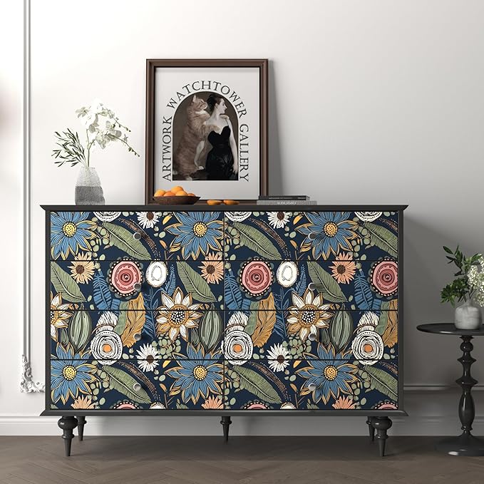 Boho Wallpaper Peel and Stick, Dark Vintage Floral Contact Paper, 17.5" x 197" Retro Botanical Flower Wall Paper Self Adhesive Removable Waterproof for Walls Shelf Cabinet Table (Blue,Yellow, Green)