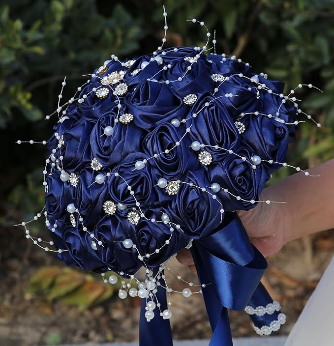 Bridal Wedding Bouquet Round Bling Brooch Bouquet Throw Toss Artificial Rose Flower Bunch for Bride Bridesmaid Wedding Quinceanera(Navy Blue, 6.3")