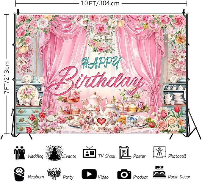Tea Party Backdrop Let's Partea Happy Birthday Photography Background Wonderland Pink Rose Floral Teapot Women Tea Party Decor Banner Portrait Photo Booth Studio Props 10x7ft FU085YL
