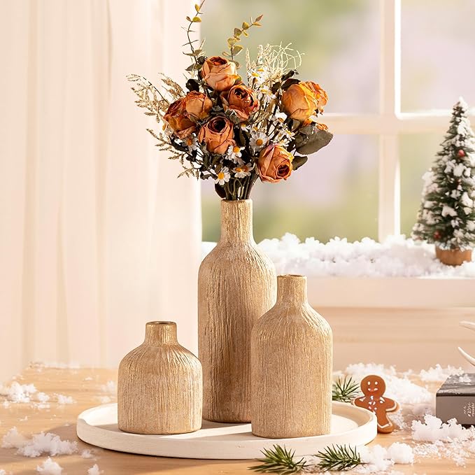 Ceramic Vase Home Table Decor - Gold Flower Vase Set of 3 Living Room Kitchen Decorations Farmhouse Modern Rustic Vases Decorative Centerpiece for Shelf Bedroom Office Bathroom Dining Coffee Desk