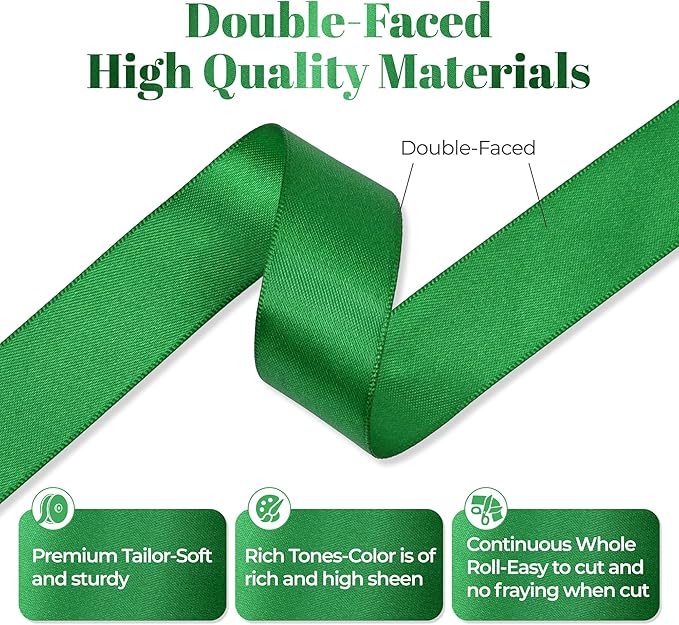 Green Satin Ribbon, Double Faced 7/8 Inch X 25 Yards Green Ribbon, Premium Satin Ribbon for Gift Wrapping, Crafts, Hair Bow Making, Sewing, Flower Bouquet, Wedding Party Decor