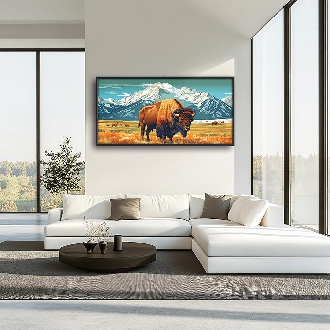 Bison Cow Large Decor Framed Wall Art Western Mountain Pictures for Living Room, Animal Oversized Canvas Print Painting Modern Extra Large Framed Artwork for Bedroom Office Home Decor 60"x30"