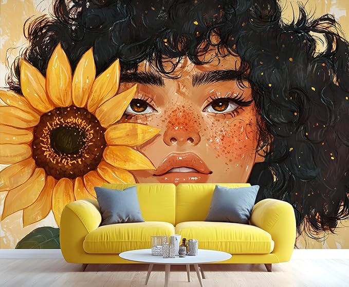 Sunflower Woman Art Wall Mural, Curly Hair Girl with Sunflower 3d Wall Murals, Modern Portrait and Flower Wallpaper Mural, for Living Room Bedroom Large Wallpaper Indoor Decor 177.16"W x120 "H