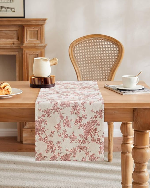 100% Cotton French Pastoral Table Runners, 13x36 Inch red Farmhouse Table Runners 36 Inches Long, Vintage Flowers Print Home Decors