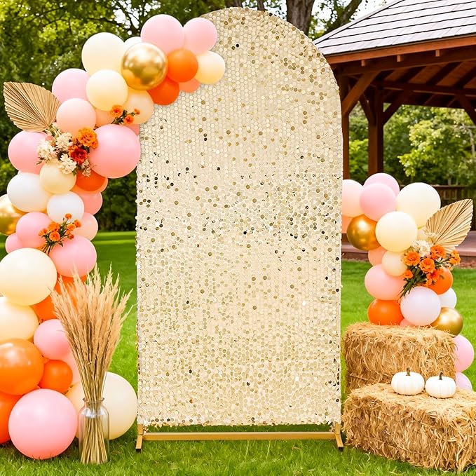 Arch Backdrop Cover 6.6FT Sparkly Light Gold Sequin Wedding Back Drop Fitted Arch Stand for Birthday Party Decoration