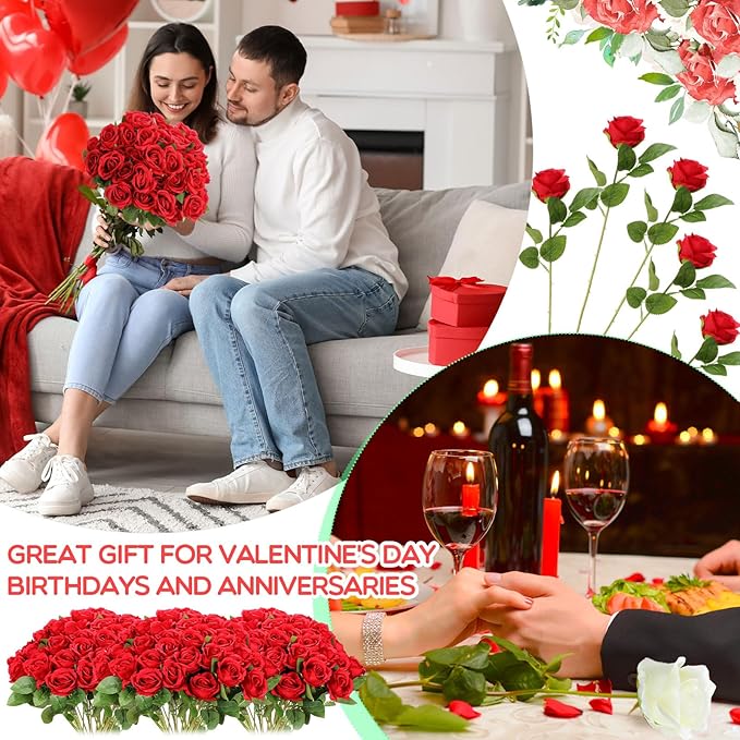 Hotop 120 Pcs Roses Artificial Flowers in Bulk,Long Stem Artificial Flower Bouquet,Silk Real Touch Fake Rose for Wedding Party Table Centerpieces Decor Valentines Gifts(Red)