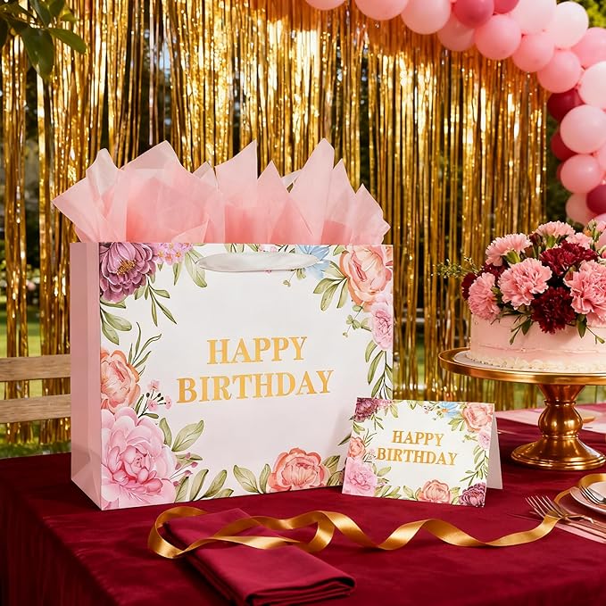ASYEHJNR 13" Large Size Happy Birthday Gift Bag Metallic Gold Happy Birthday Sign with Floral Peony Flower Pattern Retro Gift Bag with Greeting Card and Tissue Paper and Handle for Girls Women Bday