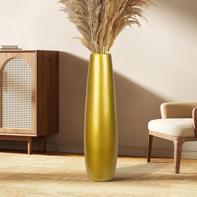 Gold Ceramic Tall Floor Vase,28 Inch Large Modern Flower Vases for Home Décor,Wicker Big Floor Vases Decorations for Farmhouse, Living Room,Bedroom,Standing Plastic Vase Decorative Tall