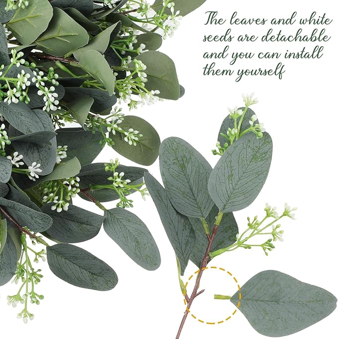 Janinka 20 Pcs Mixed Eucalyptus Leaves Stems Bulk Artificial Eucalyptus Leaves with White Seeds Artificial Silver Dollar Sprays Faux Oval for Floral Wreath Bouquets Wedding Greenery Decoration
