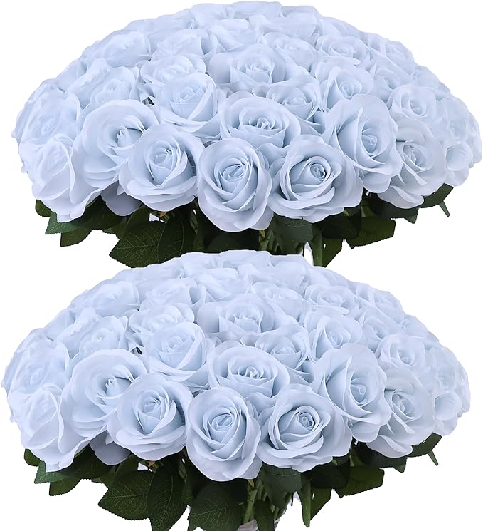 30pcs Light Blue Roses Artificial Flowers Real Touch Fake Flowers with Long Stems Silk Flowers for Wedding Bouquet Centerpices Decorations Party Bridal Baby Shower Home Decor