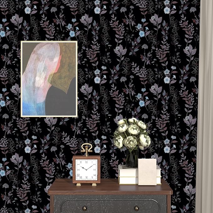 Vintage Floral Wallpaper Peel and Stick Brown Taupe Leaf Contact Paper 17.4" X 118" Moody Wallpaper Waterproof Self-Adhesive Dark Black Wall Covering for Bedroom Countertop Desk Cabinets Decor