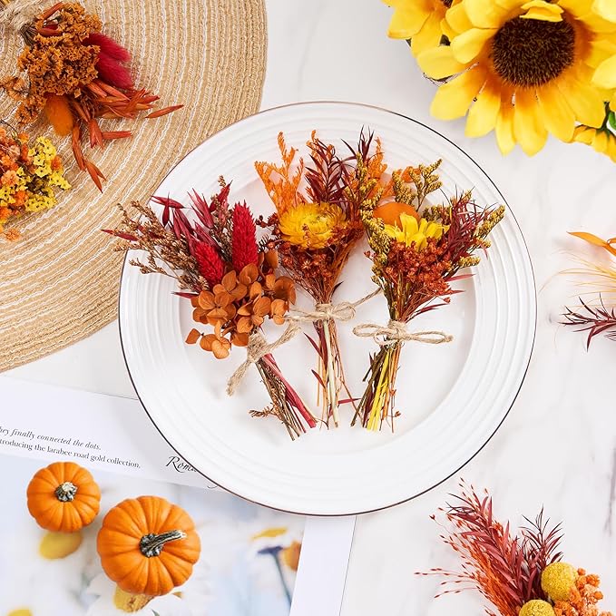 12/24 PCS Charming Dried Flowers Bouquet for Vase Various Dried Wildflowers with Stems Mini Handmade Wildflowers Natural Real Flowers Bulk Flowers Craft (Burnt Orange Series, 12PCS)