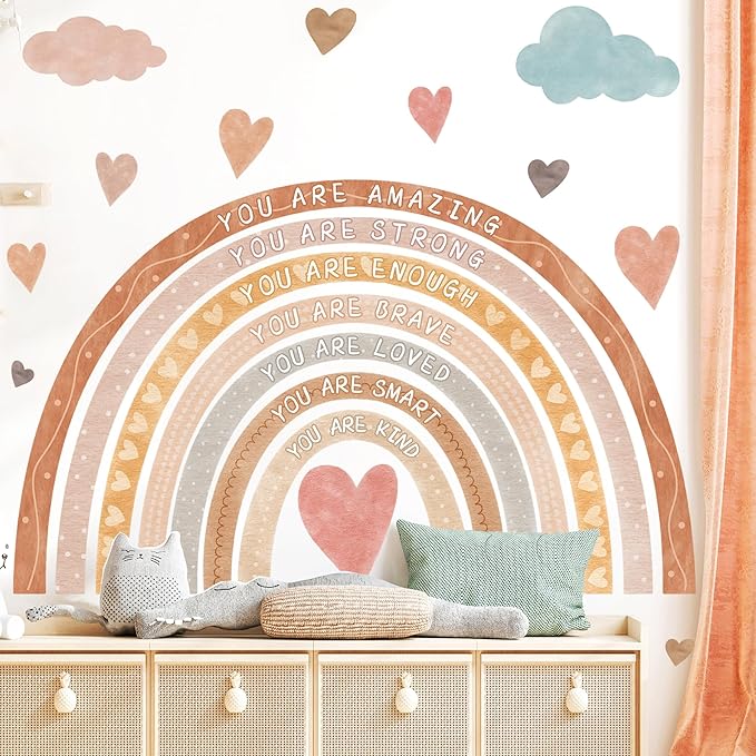 Large Rainbow Wall Decal Boho Kids Bedroom Wall Decals Peel and Stick Rainbow Wall Sticker Watercolor Inspirational Walls Decor Stickers Self-Affirmation Decal Vinyl Wallpaper for Nursery Playroom