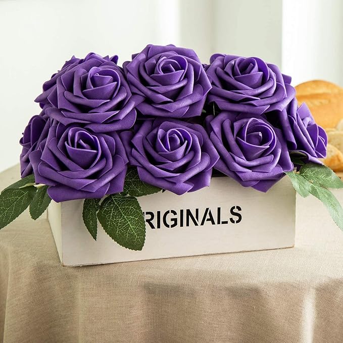 25pcs Artificial Flower Foam Rose Real Touch Roses Flower Heads with Stem for DIY Wedding Bouquets Centerpieces Arrangements Party Baby Shower Home Decor (Deep Purple)