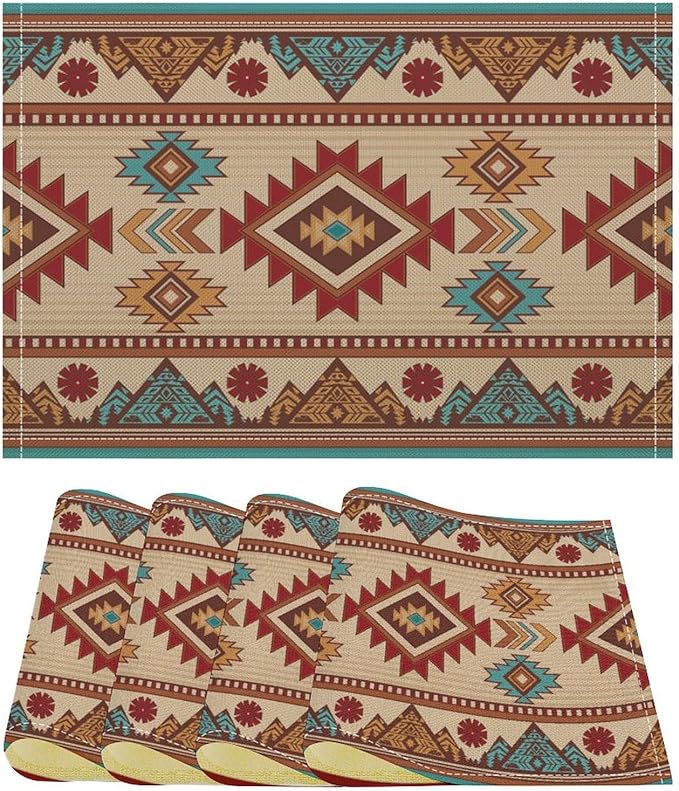 Retro Aztec Placemats Set of 4 Boho Western Native American Tribal Art Printed Dining Table Mats for Restaurant Home Kitchen Holiday Decor 12x18in