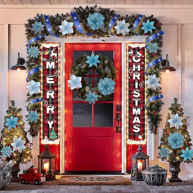 72Pcs Poinsettia Christmas Flowers with Ribbon - 9 Styles Glitter Artificial Poinsettia Christmas Ornaments for Wreath, Garland, Holiday Decor (Blue)