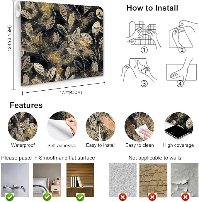Modern Black and Gold Floral Leaf Peel and Stick Wallpaper Removable Dark Art Deco Self Adhesive Vinyl Contact Wall Paper for Bathroom Renter Friendly Wallpaper 17.7" X 124"