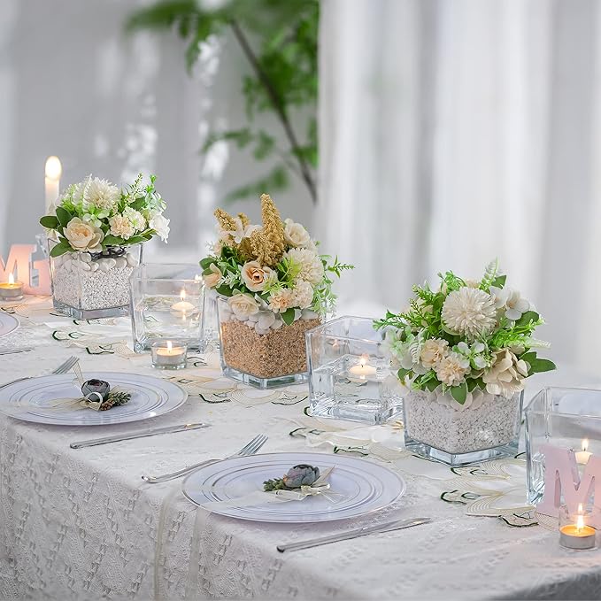 Square Glass Vases Set of 6 – Hewory 5"x5" Clear Cube Flower Vase Candle Holders for Wedding Centerpieces Home Decor Events Party Ceremony (Not Include Flower and Candle)