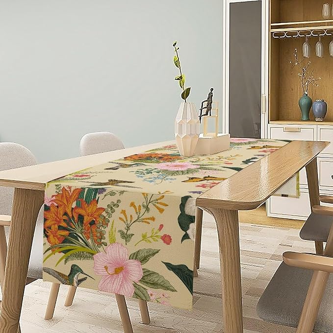 Brown Bird Floral Table Runner Spring Flower Kitchen Table Decoration Suitable for Family Dinner Decoration 13x108 Inch
