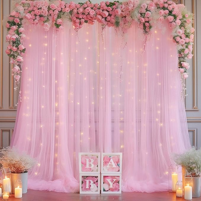 10ft x 8ft Pink Backdrop Curtain with Lights String for Parties, Sheer Tulle Wedding Photo Backdrops Drapes for Baby Shower Birthday Party Decorations Background for Photography