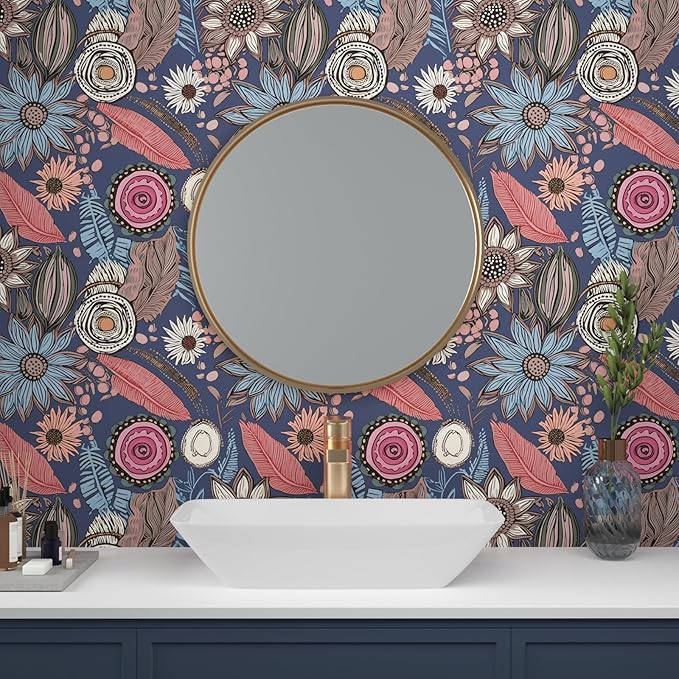 Boho Wallpaper Peel and Stick,Vintage Blue Pink Floral Contact Paper, Retro Antique Botanical Flowers Wall Paper Self Adhesive Removable Waterproof for Bathroom Shelves Cabinet Table 17.5" x 118"