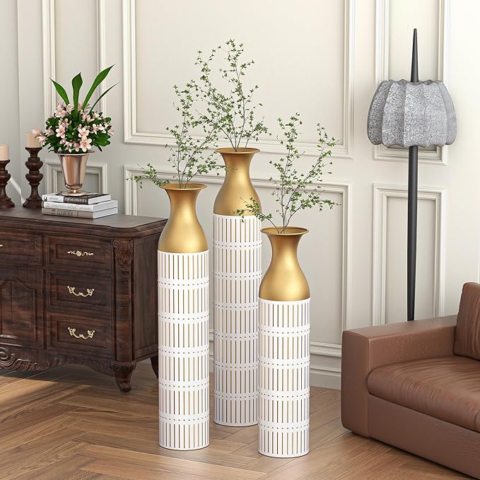 Tall Floor Vase Set of 3 - Large Vintage Modern Oversized Metal Vases for Decor Living Room, Gold Decorative for Corner Hallway