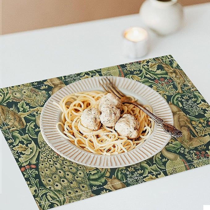 William Morris Floral Animal Placemats Set of 6, Vintage Botanical Plant Birds Rabbit Place Mats, Heat Resistant Non Slip Cotton Linen Dining Table Mats for Home Kitchen Party 18x12 Inch