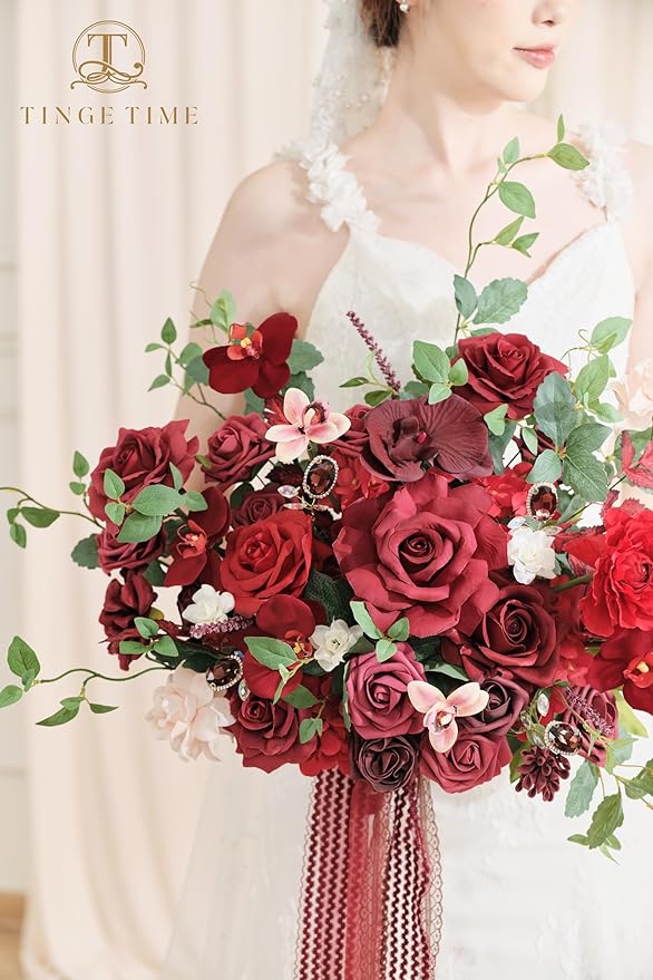TINGE TIME 17 Inch Artificial Bridal Bouquet Realistic Silk Wedding Bouquet, Durable Fake Flowers for Brides, Bridesmaids, Home Decor, and Events (Burgundy Red)