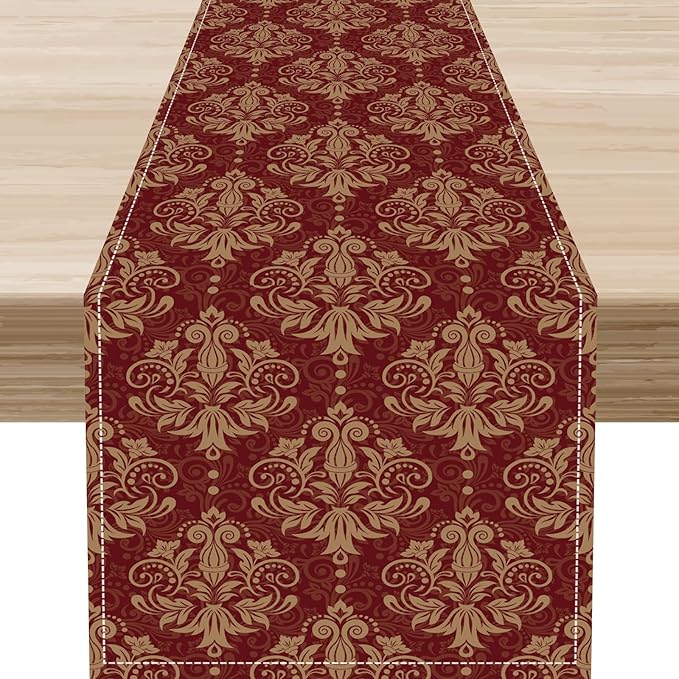 Red Damask Table Runner, Rustic Antique Victorian Style Coffee Table Center Decor for Home Kitchen Dining Patio Holiday Party Indoor Outdoor Table Decorations 13x72 inch