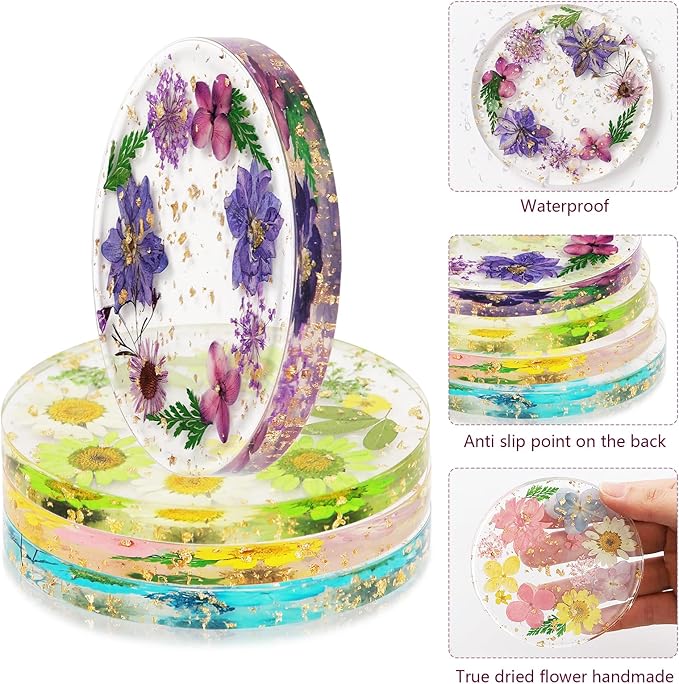 Flower Coasters, Tumwisk 4Pcs Dried Flower Drink Coasters, Women Coffee Table Dining Table Desk Aesthetic Coaster Set Natural Floral Coaster Home Decoration Housewarming Present