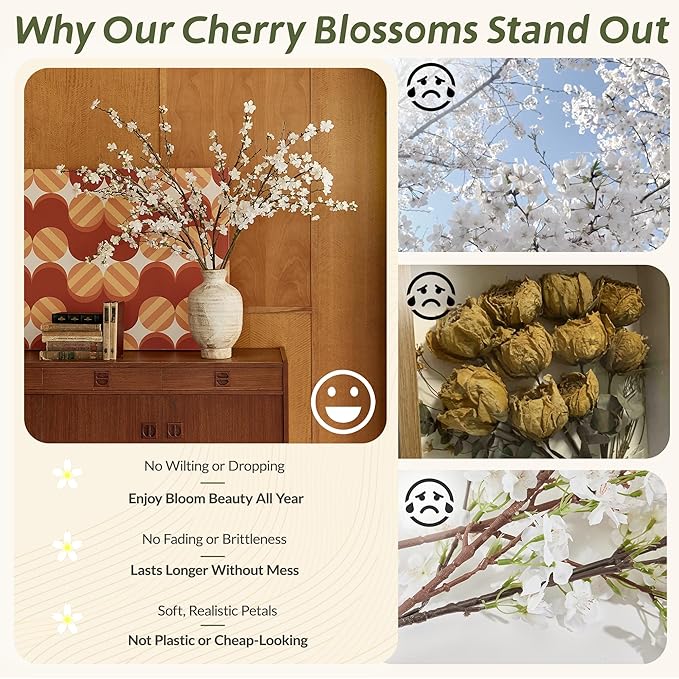 43" Cherry Blossom Branches, 4 Pcs Realistic Silk Artificial Flowers for Indoor Decor, Faux White Cherry Blossom Flower for Vase, Wedding Decoration, Home Centerpieces, Fake Floral Arrangement