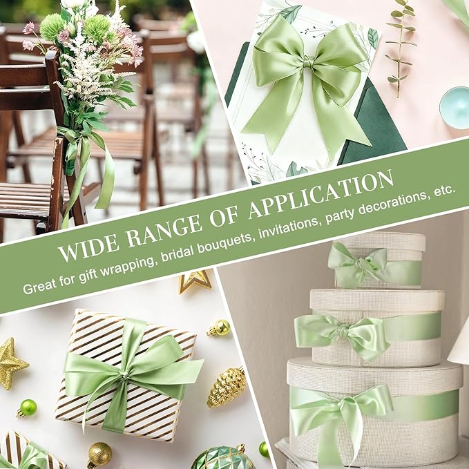 1-1/2 Inches 100 Yards Sage Green Satin Ribbon, Ribbon Roll for Flower Bouquets, Gift Wrapping, Wedding, Handmade Crafts