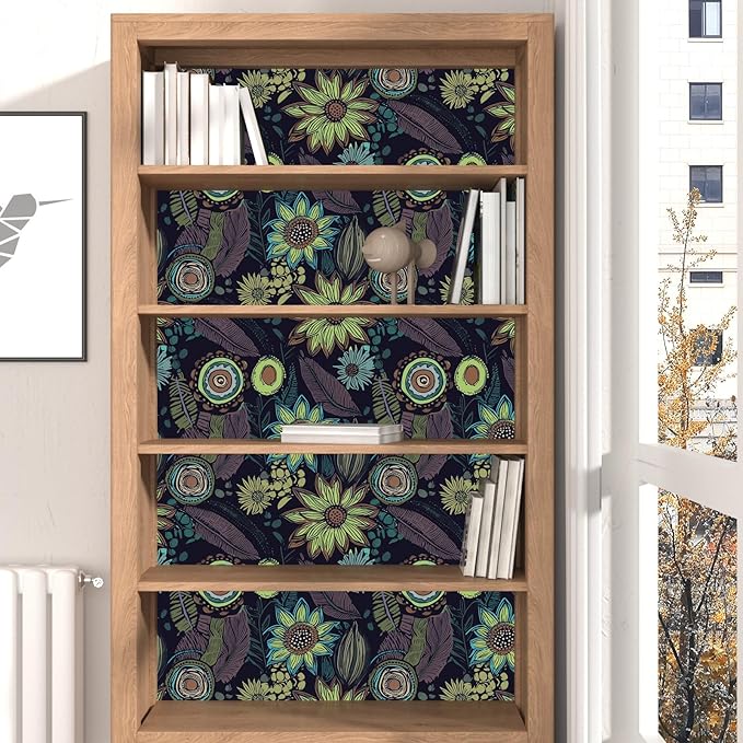 Vintage Boho Wallpaper Peel and Stick, Dark Purple/Green Gothic Floral Contact Paper 17.5" x 399.7", Retro Flower Bohemia Wall Paper Self Adhesive Removable Waterproof for Shelves Cabinet Table Drawer