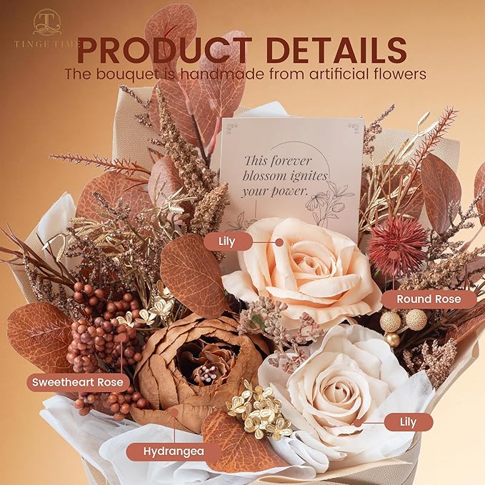 TINGE TIME Preserved Flowers Bouquet, Flowers for Delivery, Birthday Gifts for Women, Eternal Roses Bouquet for Grandma Wife Anniversary (Nude Color & Pale Coffee)