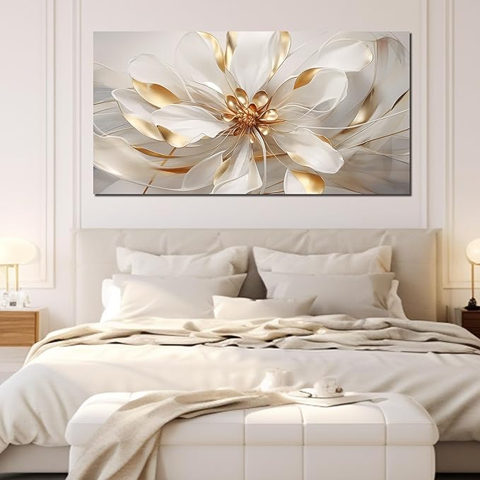 Flower Canvas Wall Art for Living Room Large Size White Wall Decor for Bedroom Girls Gold Wall Art for Office 29 x 58 Inches