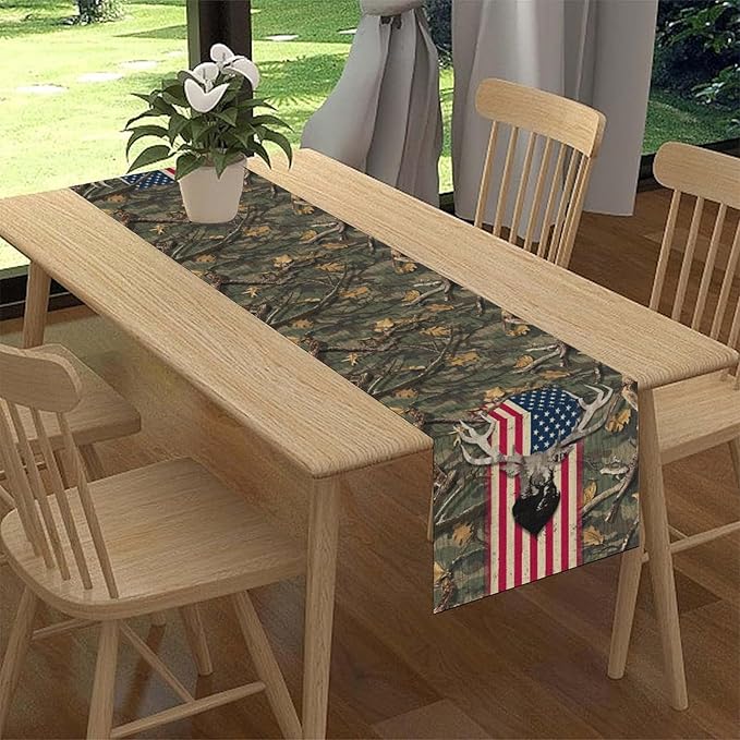 Rustic Forest Table Runner, Farmhouse Deer Retro Fall Leaves Wooden Branch Wild Seasonal Harvest Coffee Table Center Decor for Home Kitchen Dining Patio Holiday Party Table Decorations 13x72 inches