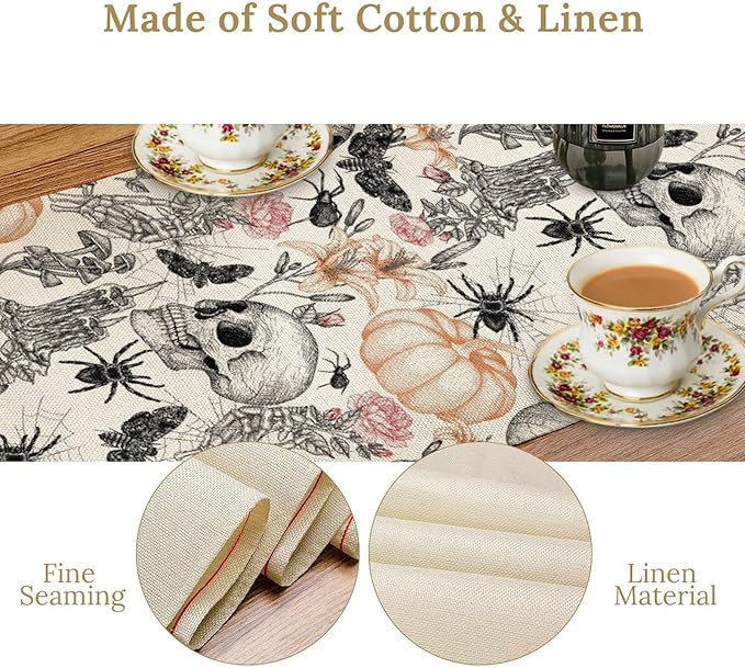 Gothic Table Runner,Black White Skull Moth Pumpkin Halloween Table Runner for Home Kitchen Table Dining Garden Farmhouse Wedding Party Decor 13x108 Inch