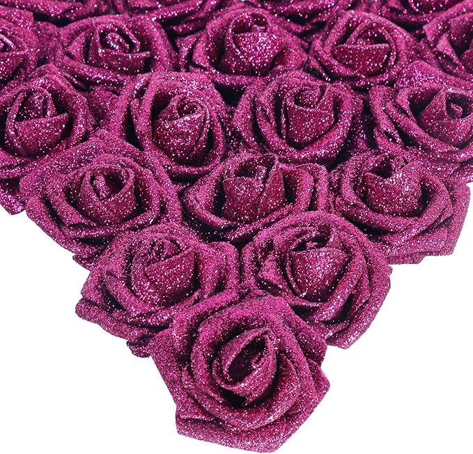 IPOPU Artificial Roses,25pcs Glitter Roses Glitter Flowers Foam Roses with Stems for DIY Wedding Bridal Bouquet Home Party Decoration(Deep Pink)