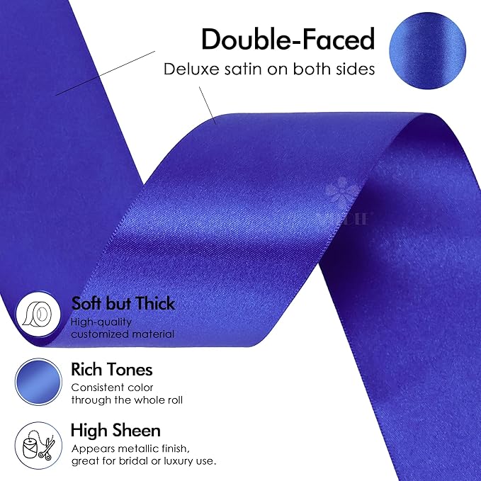 MEEDEE Royal Satin Ribbon 2 Inch Royal Blue Ribbon Lux Double Faced Ribbons by 25 Yards Silk Ribbons for Gift Wrapping, Crafts, Satin Weddings, Flower Bouquet, Holiday Decorating