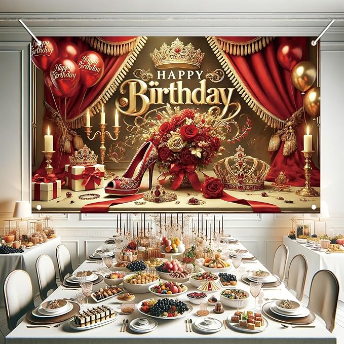 Starlit Patio Red High Heel Backdrop for Woman's Birthday Party, 71 x 43 Inch, Polyester Fabric