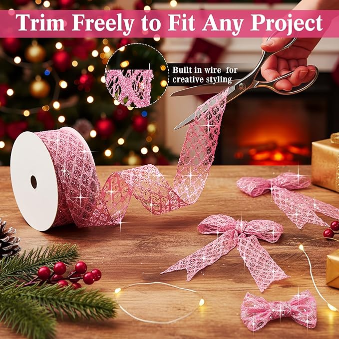Geosar 20 Yards Pink Glitter Mesh Wired Ribbon for Christmas Tree Decorations, Gift Wrapping, DIY Craft, Xmas Wreaths, Cabinet Decor (2.5 Inch)