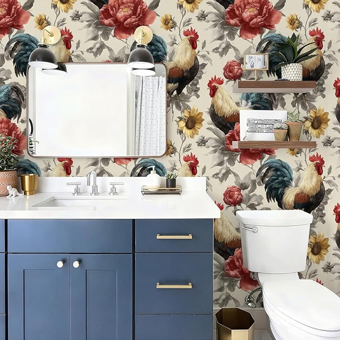 Floral Peel and Stick Vintage Animal Wallpaper Sunflower Rooster Removable Botanical Leaf 17.7" x 118.11" Wall Paper Watercolor Self Adhesive Contact Paper for Farm Bedroom laundry room bathroom