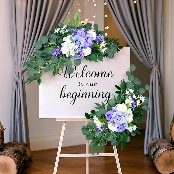 Artificial Wedding Arch Flowers (Pack of 2), White Wedding Flowers for Wedding Welcome Ceremony Sign Faux Floral Swags, Banquet and Reception Backdrop Floral Decoration (White & Purple)