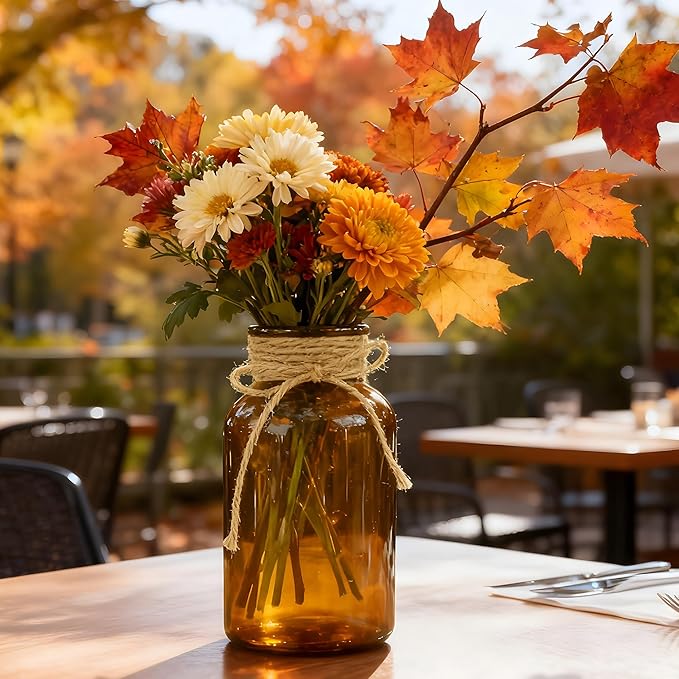 Vintage Glass Flower Vase，12 Pack Farmhouse Amber Gold Glass Centerpiece Vases Mason Jars for Weddings, Parties & Home Decor Bulk (12, Amber)