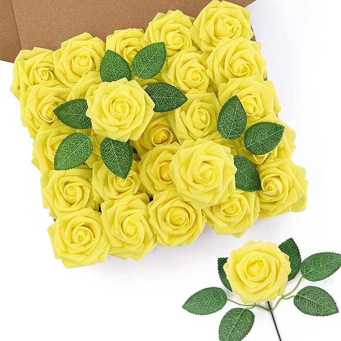 DuHouse 50Pcs Artificial Roses Flowers Fake Roses with Stems Real Touch Foam Flowers for DIY Wedding Bouquet Baby Shower Centerpiece Floral Arrangement Party Home Decor(Yellow)