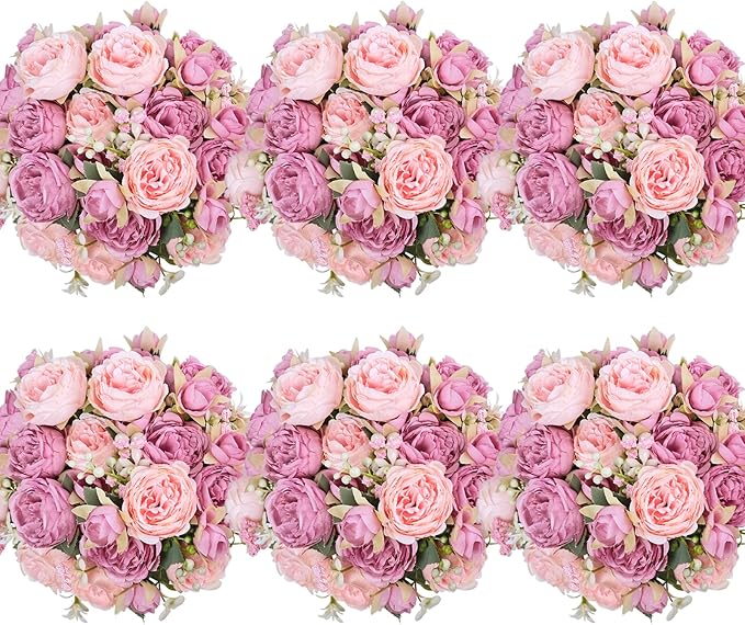 6 Pcs Peonies Artificial Flowers Bulk, Mixed Pink Silk Peonies Fake Bouquet for Floral Centerpieces,Red Realistic Faux Peony Flower for Flower Arrangements Wedding Decoration vase