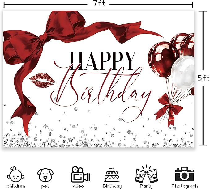 Burgundy Bow Happy Birthday Banner Backdrop 7Wx5H Photography Girls Coquette Birthday Decorations Red Balloons Background Women Bachelorette Party Decorations Banner Photo Booth Props Supplies